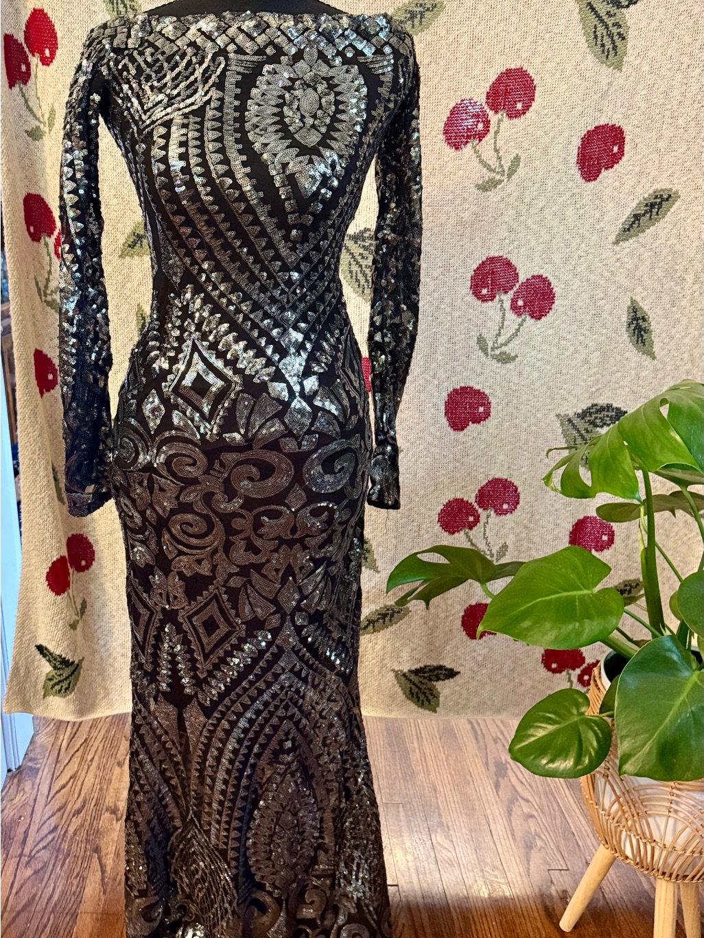 Goddiva Sequin Long Sleeve Evening Gown
